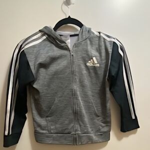 adidas Gray Hoodie with Black Sleeves and White Stripes - Kids Zip